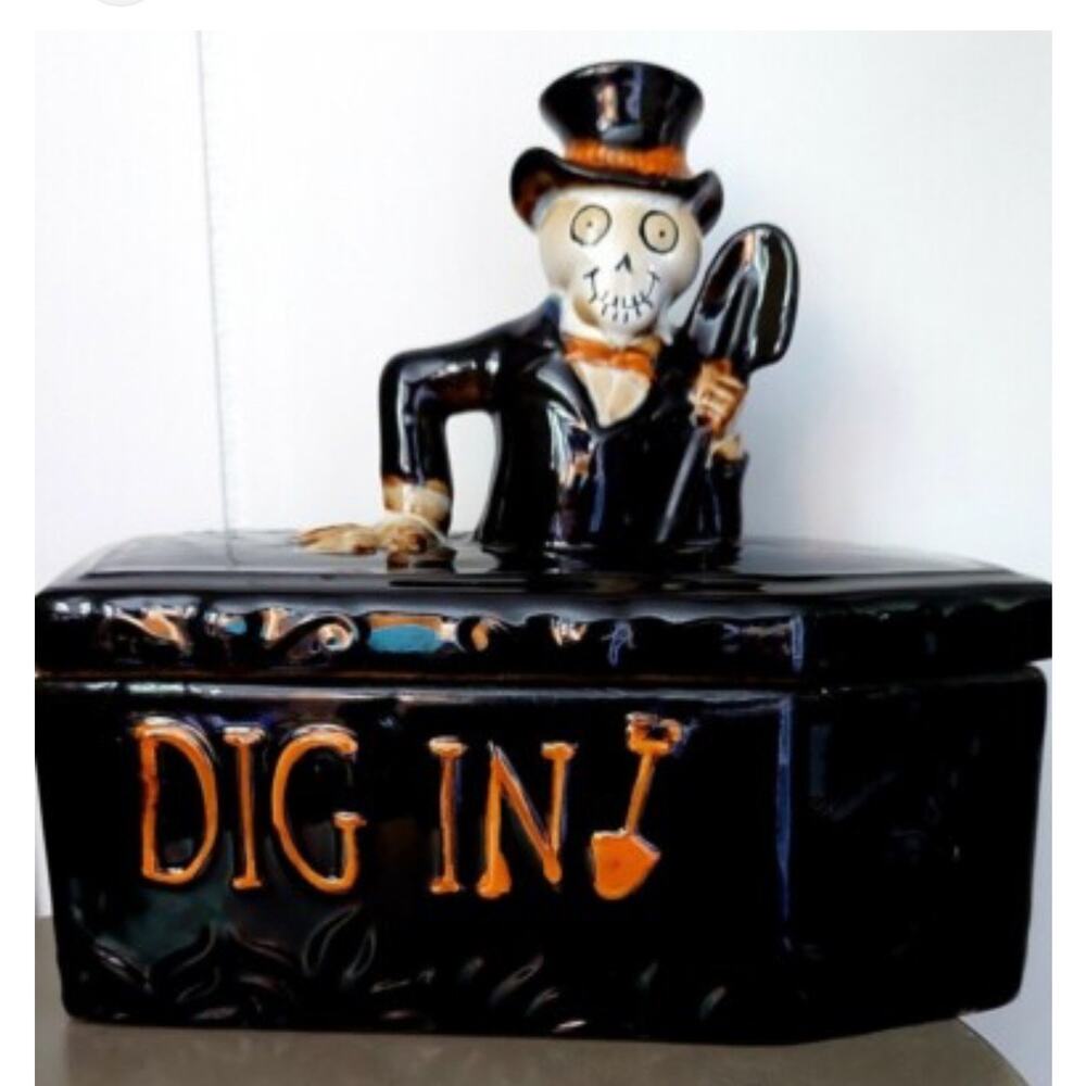 Halloween box coffin black pottery, glazed skeleton, grave digger bones